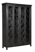 A black teak wood and glass display cabinet with four panelled doors and a geometric lattice pattern.