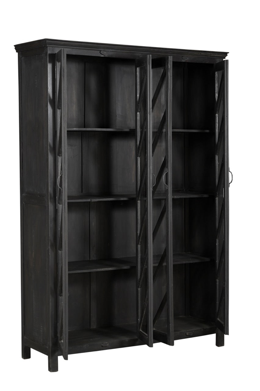 A black teak wood and glass display cabinet with four panelled doors and a geometric lattice pattern.