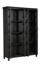 A black teak wood and glass display cabinet with four panelled doors and a geometric lattice pattern.