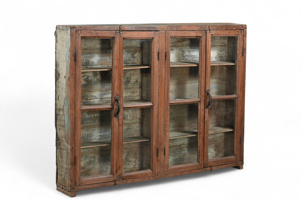 A vintage teak and recycled wood glass cabinet with a teal-grey finish on the back and sides.
