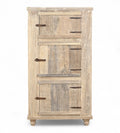 A wooden side cabinet with three panelled doors and rustic iron handles, with a sun finish highlighting the natural wood grain.