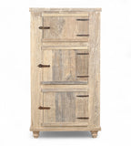 A wooden side cabinet with three panelled doors and rustic iron handles, with a sun finish highlighting the natural wood grain.