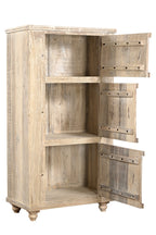A wooden side cabinet with three panelled doors and rustic iron handles, with a sun finish highlighting the natural wood grain.