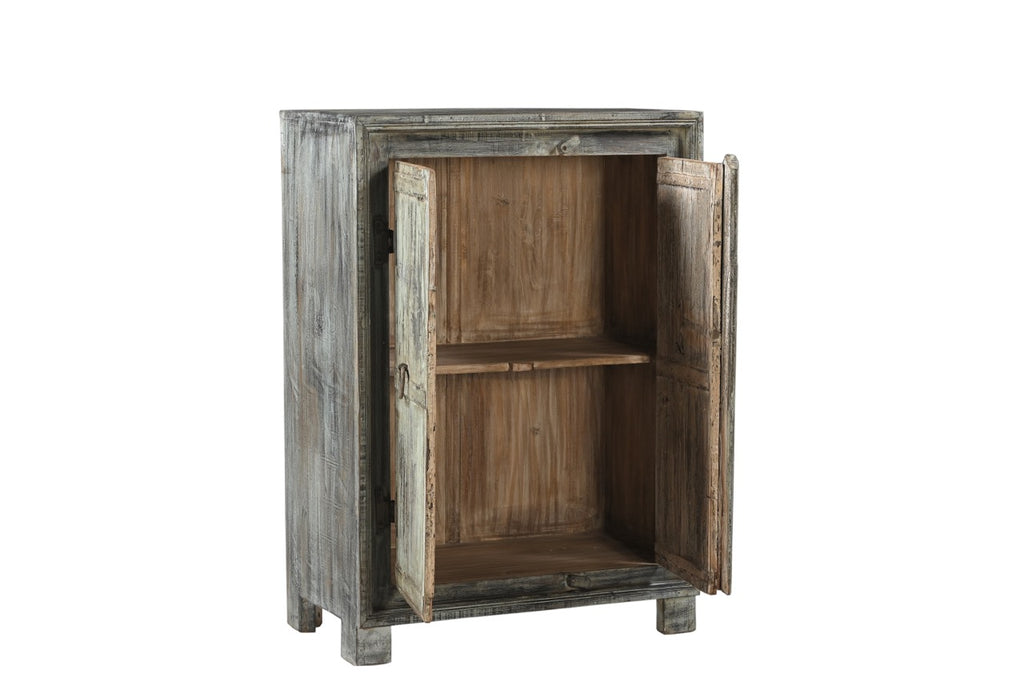 Vintage Indian teak and reclaimed wood side cabinet with weathered greens, greys, and natural patina, featuring ring pulls and a single shelf inside.