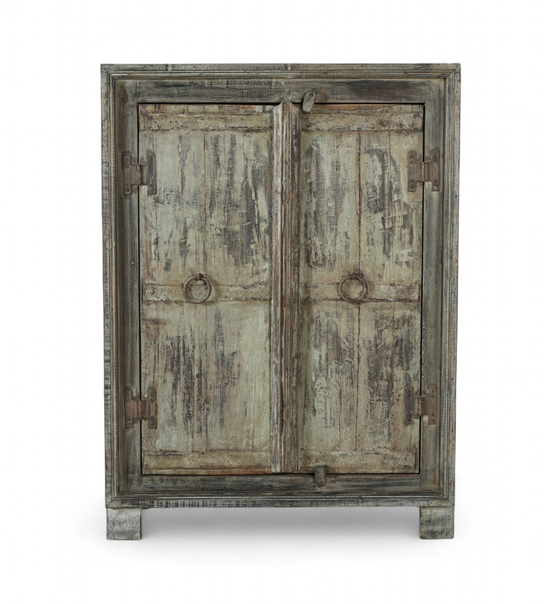 Vintage Indian teak and reclaimed wood side cabinet with weathered greens, greys, and natural patina, featuring ring pulls and a single shelf inside.
