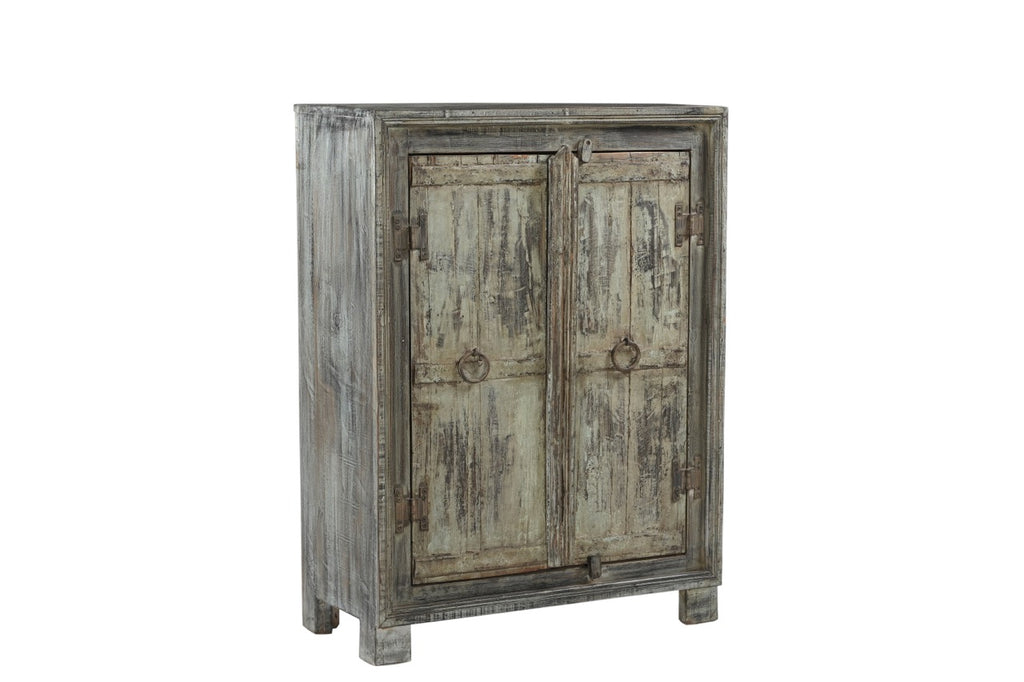 Vintage Indian teak and recycled wood side cabinet with weathered greens, greys, and natural patina, featuring ring pulls and a single shelf inside.