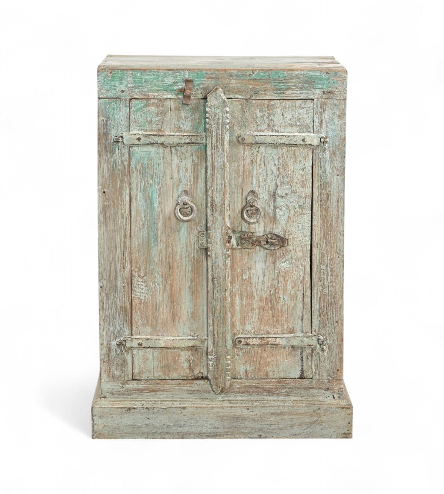 A vintage teak and reclaimed wood side cabinet with iron hardware and a weathered green patina paint finish.