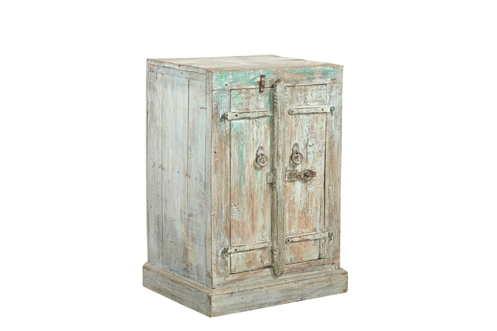 A vintage teak and reclaimed wood side cabinet with iron hardware and a weathered green patina paint finish.