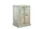 A vintage teak and reclaimed wood side cabinet with iron hardware and a weathered green patina paint finish.