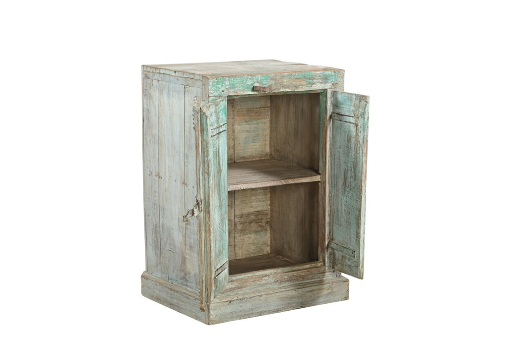 A vintage teak and reclaimed wood side cabinet with iron hardware and a weathered green patina paint finish.