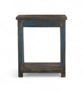 A vintage teak wood side table with a faded blue patina with a wooden shelf below.