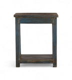 A vintage teak wood side table with a faded blue patina with a wooden shelf below.