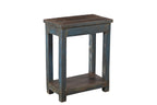A vintage teak wood side table with a faded blue patina with a wooden shelf below.