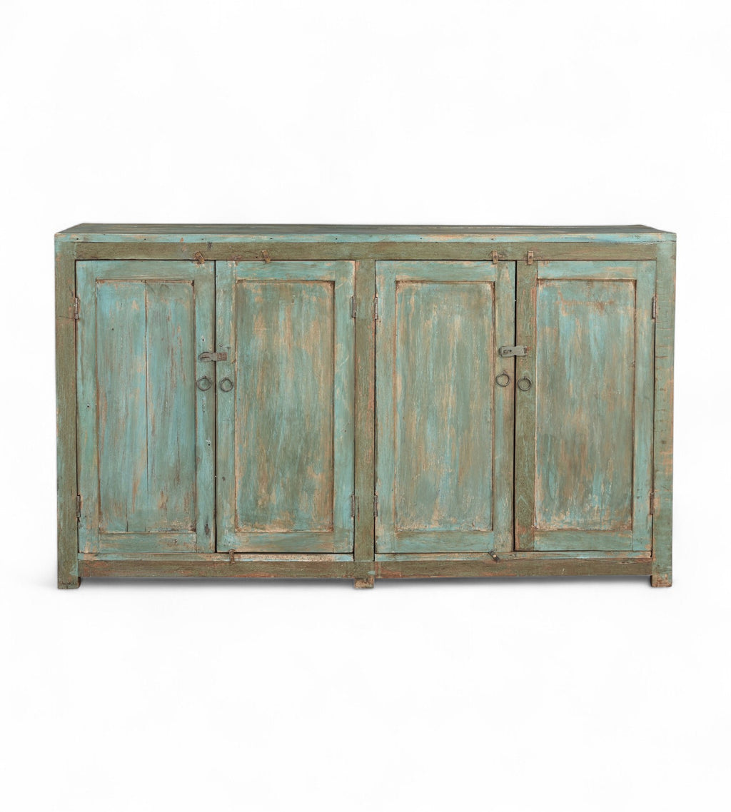 Vintage teak wood sideboard with four panelled doors in a weathered turquoise finish, featuring forged iron rings and latches.