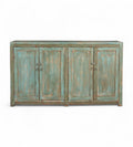 Vintage teak wood sideboard with four panelled doors in a weathered turquoise finish, featuring forged iron rings and latches.