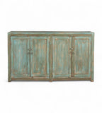 Vintage teak wood sideboard with four panelled doors in a weathered turquoise finish, featuring forged iron rings and latches.