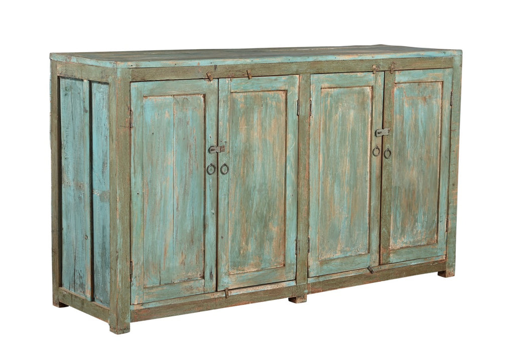 Vintage teak wood sideboard with four panelled doors in a weathered turquoise finish, featuring forged iron rings and latches.