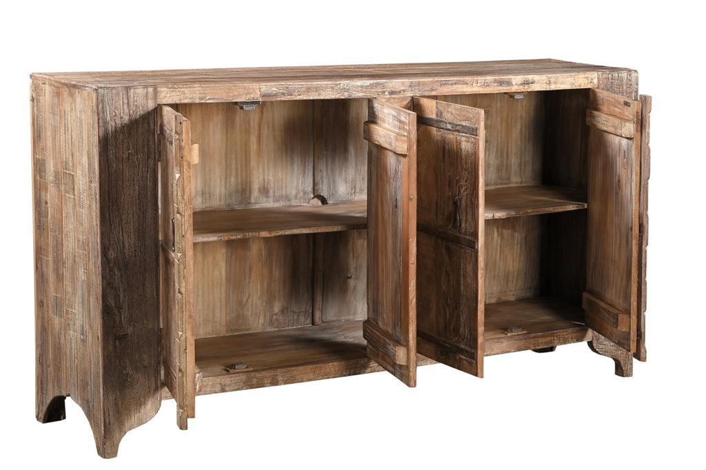A vintage teak wood sideboard with four panelled doors and hand forged iron pulls.
