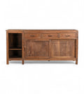 A vintage teak wood sideboard with three drawers, sliding doors, and open shelving on one side.