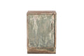 A vintage teak wood bedside table with a worn, distressed finish.