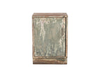 A vintage teak wood bedside table with a worn, distressed finish.