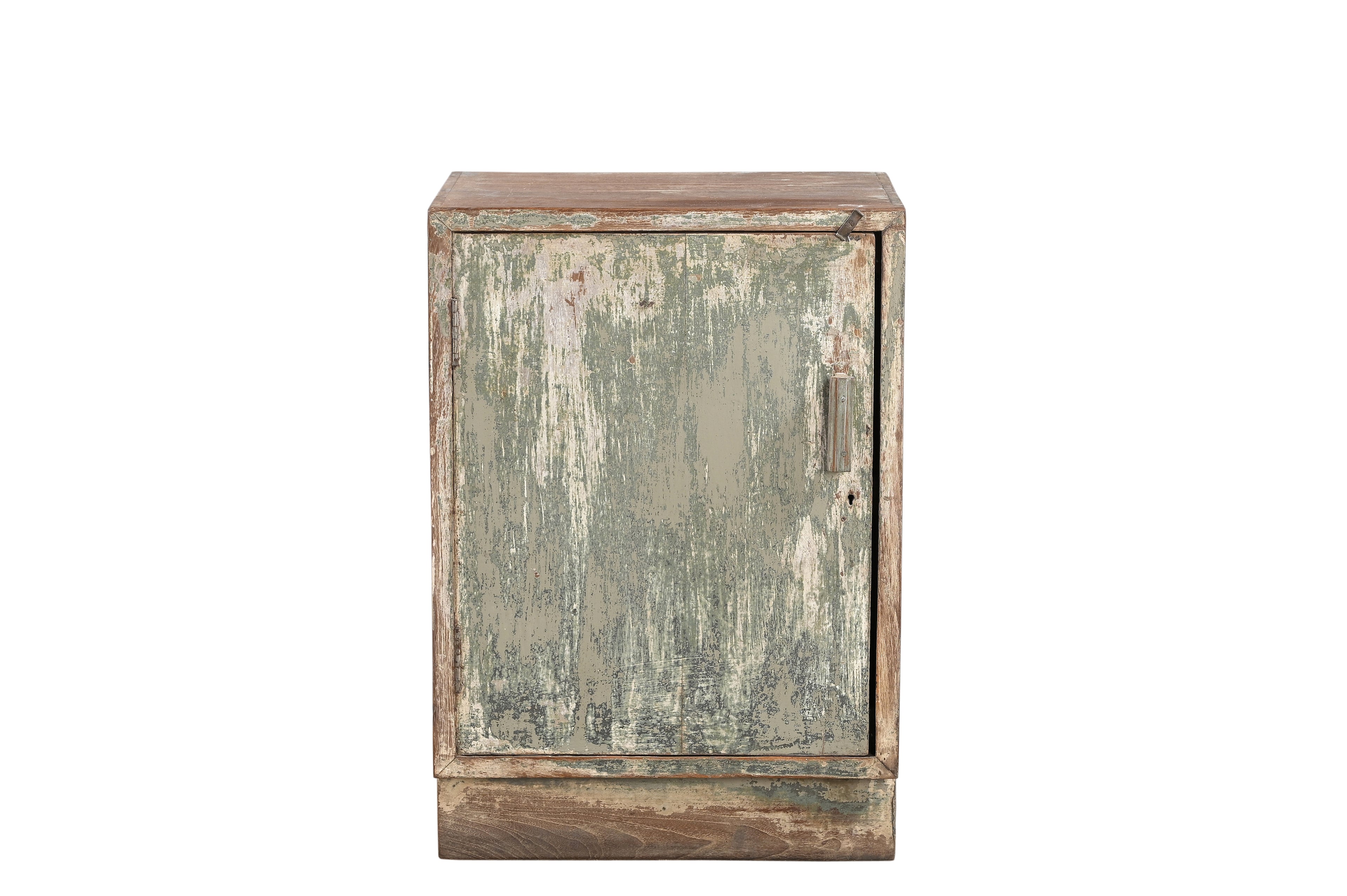 A vintage teak wood bedside table with a worn, distressed finish.