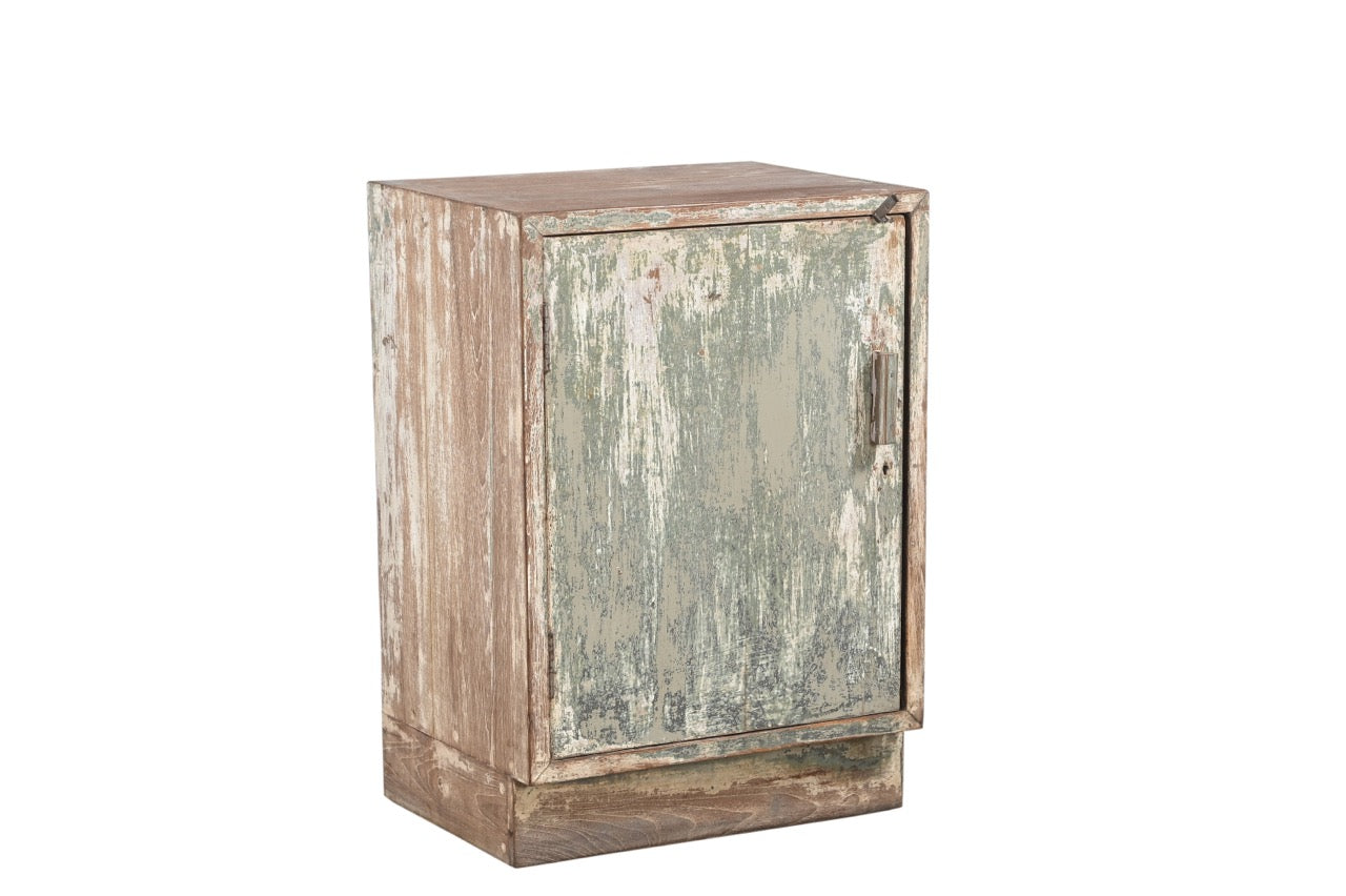 A vintage teak wood bedside table with a worn, distressed finish.