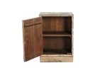 A vintage teak wood bedside, side table /cabinet with a worn, distressed finish.