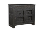 A vintage teak wood side cabinet with iron accents and a carved floral frieze, finished in black.