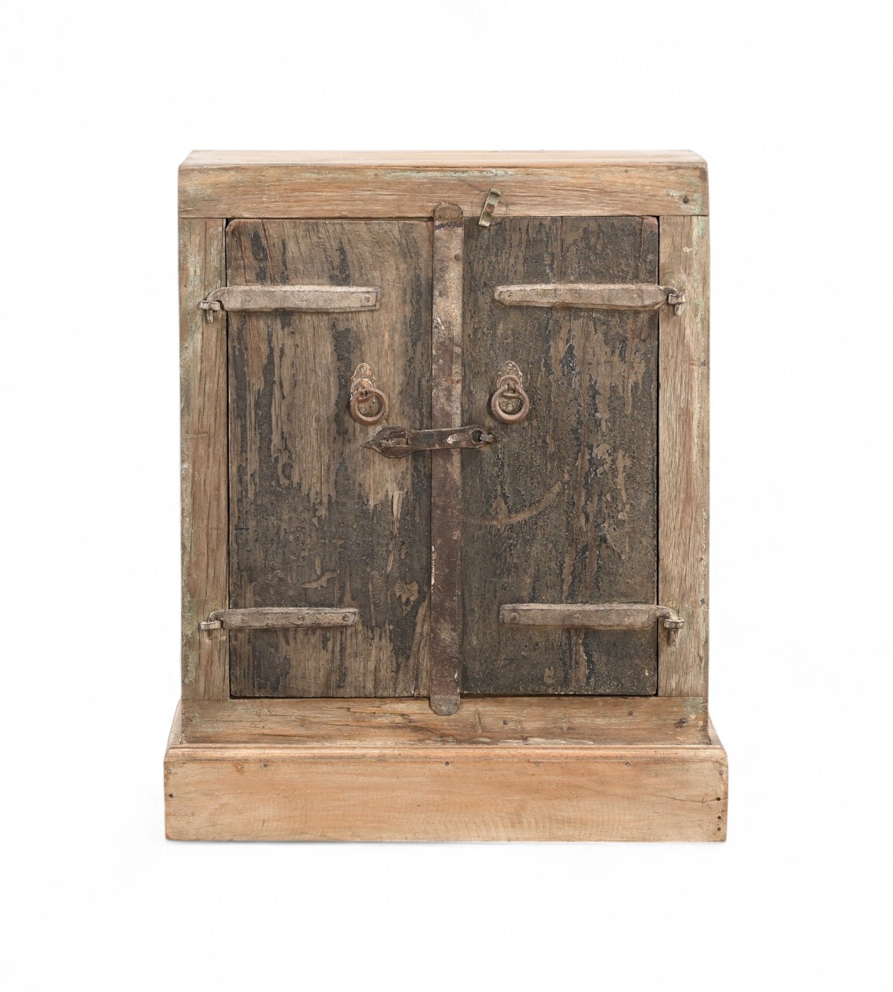 Vintage teak wood cabinet with recycled iron handles and latches, featuring a contrasting natural soft finish and dark teak wooden doors.