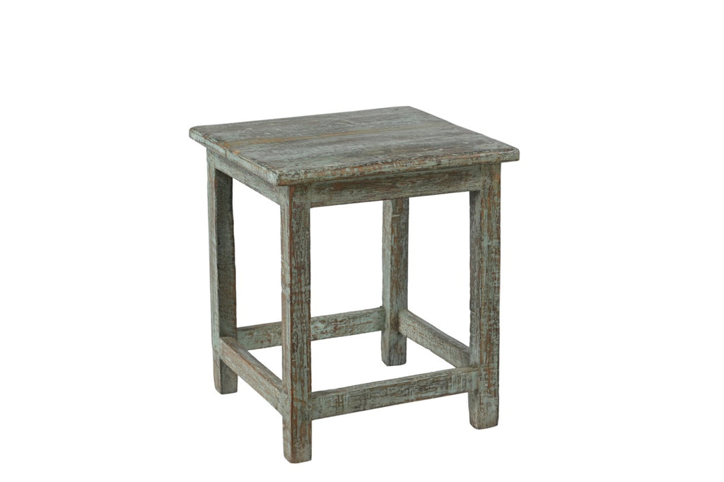 A vintage teak wood side table with a weathered green finish.