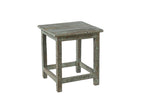 A vintage teak wood side table with a weathered green finish.