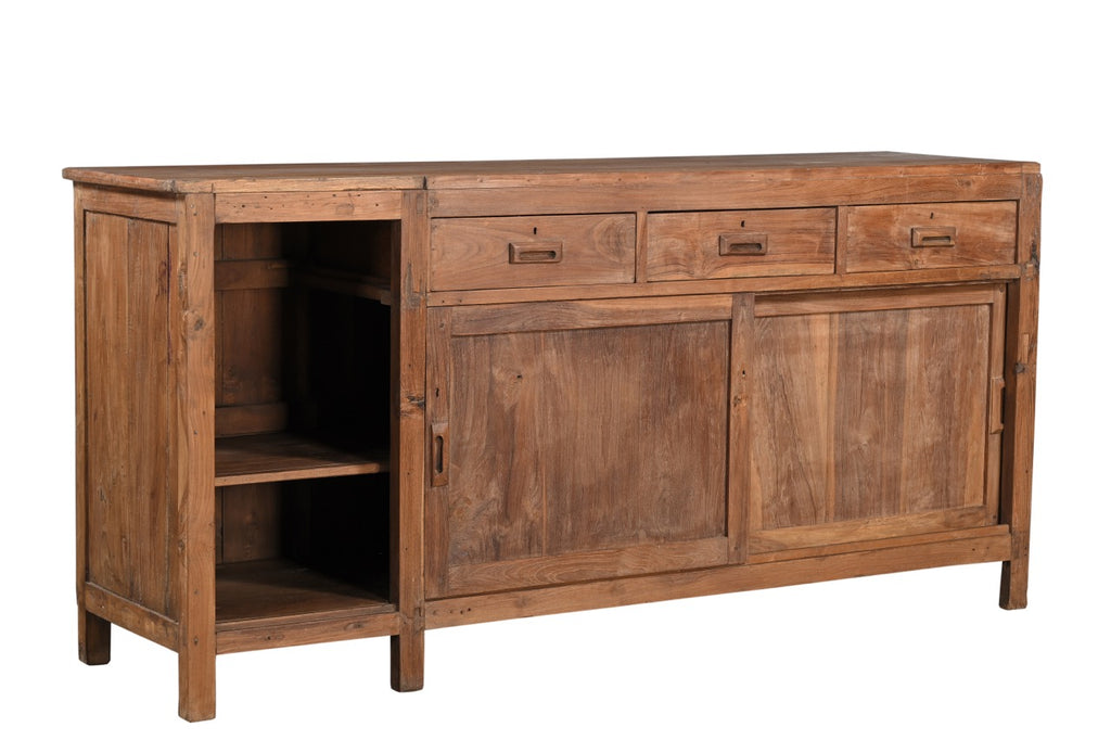 A vintage teak wood sideboard with three drawers, sliding doors, and open shelving on one side