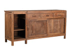 A vintage teak wood sideboard with three drawers, sliding doors, and open shelving on one side