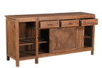 A vintage teak wood sideboard with three drawers, sliding doors, and open shelving on one side