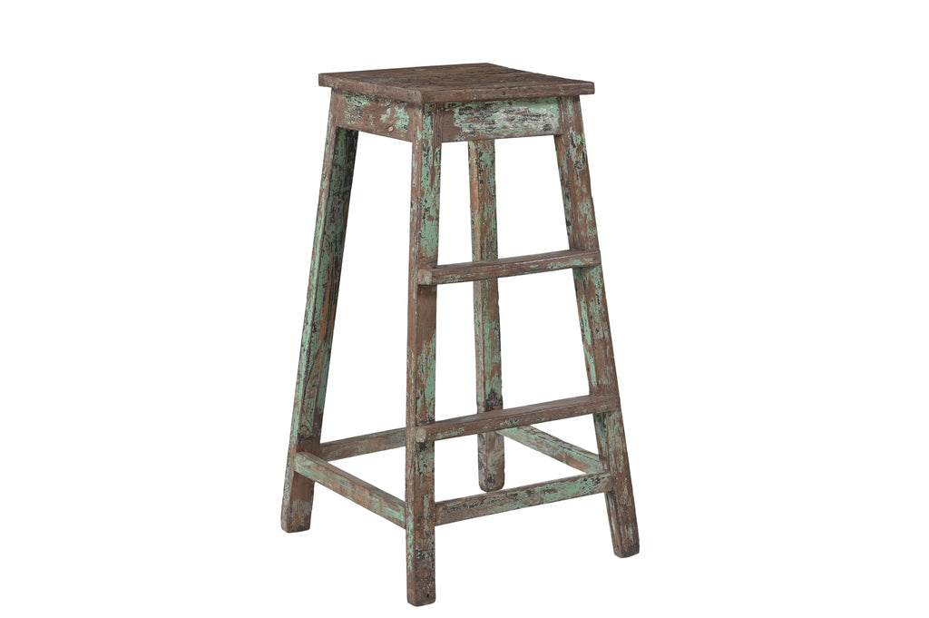 Vintage-style wooden stool with weathered green and brown finish