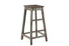 Vintage-style wooden stool with weathered green and brown finish