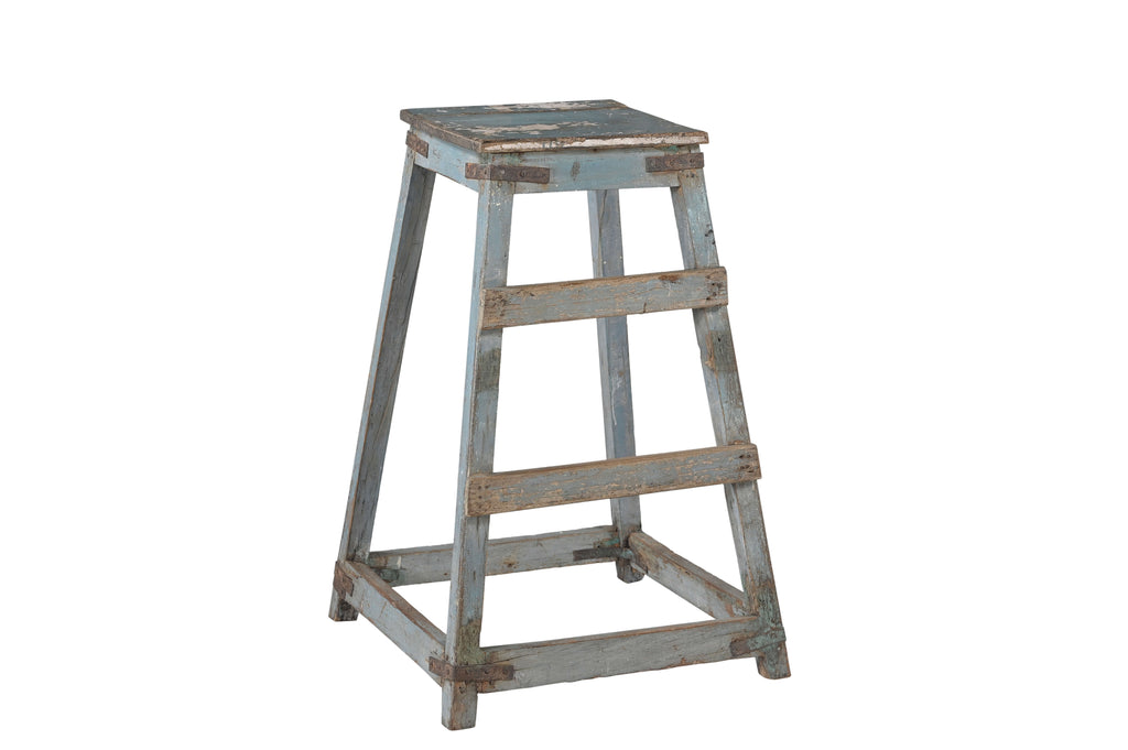 Wooden stool with a weathered blue, gray finish 