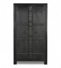 Vintage teak wood cabinet wardrobe with hand carved central spine and iron pull rings, in a black finish.