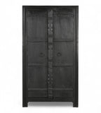 Vintage teak wood cabinet wardrobe with hand carved central spine and iron pull rings, in a black finish.