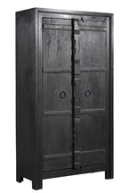 Vintage teak wood cabinet wardrobe with hand carved central spine and iron pull rings, in a black finish.