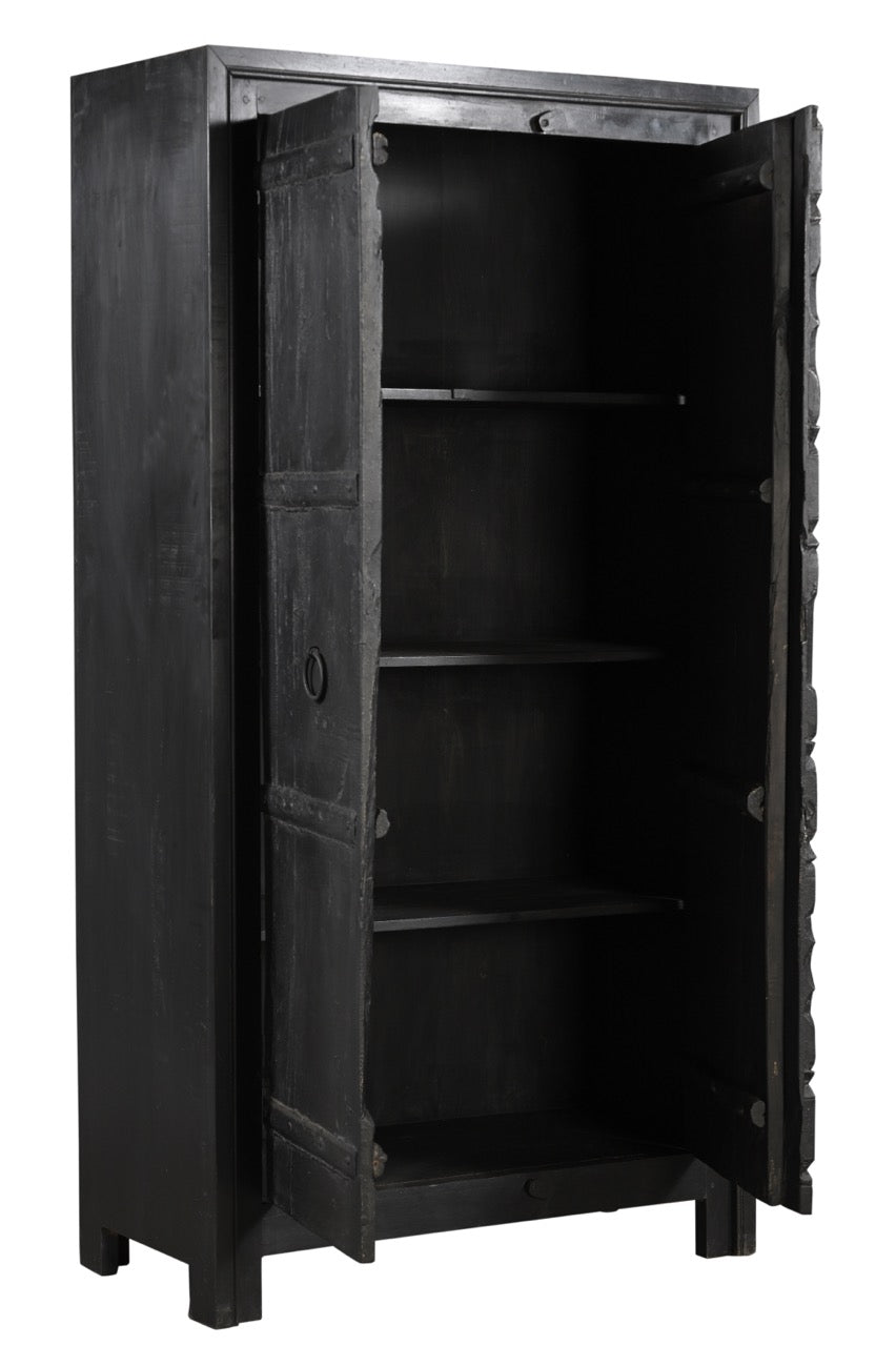 Vintage teak wood cabinet wardrobe with hand carved central spine and iron pull rings, in a black finish.