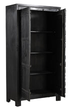 Vintage teak wood cabinet wardrobe with hand carved central spine and iron pull rings, in a black finish.