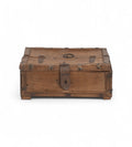Vintage teak wooden box with metal accents and a padlock