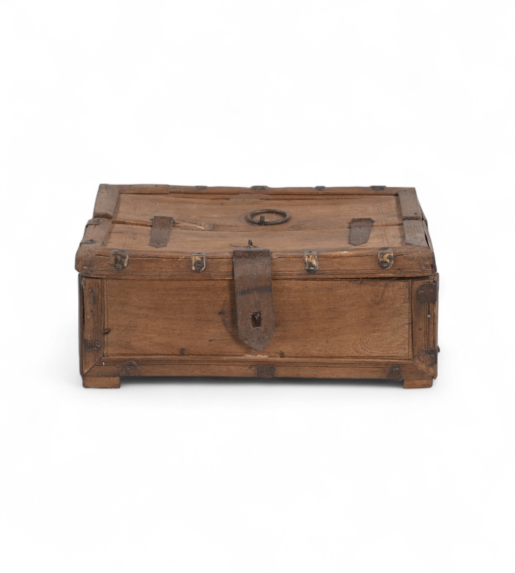 Vintage teak wooden box with metal accents and a padlock