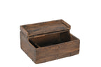 Vintage teak wooden box with metal accents, showing signs of aging and use,