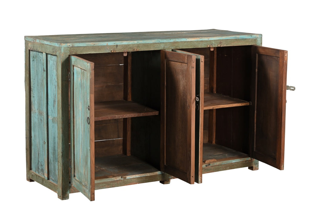 Vintage teak wood sideboard with four panelled doors in a weathered turquoise finish, featuring forged iron rings and latches.