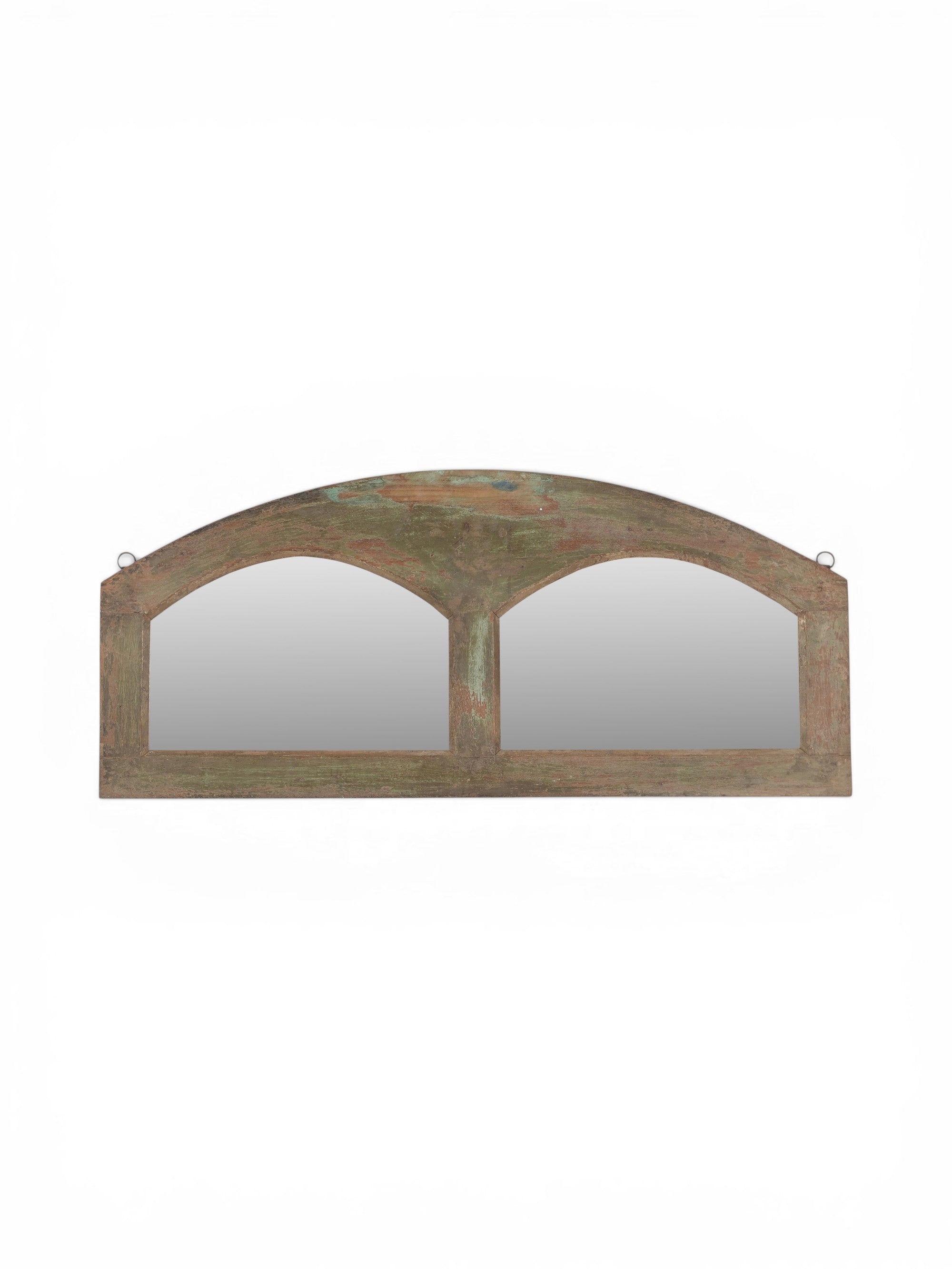 Wooden mirror with two arched glass panels on a white background