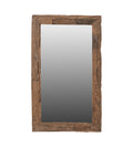 A rectangular mirror with a frame made from reclaimed sleeper wood with visible natural cracks and imperfections.