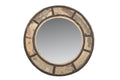 A circular mirror with a frame that is a combination of teak wood and riveted iron, showing a natural weathered wood patina.